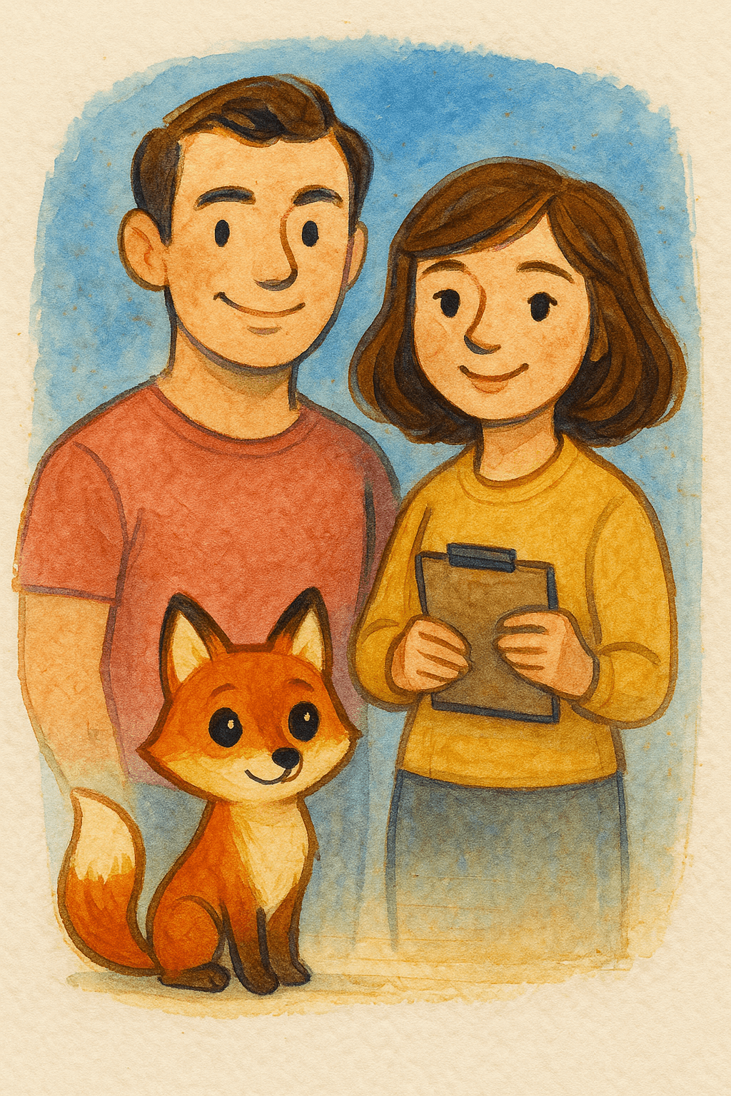 Founders portrait — husband and wife illustrated in watercolor
