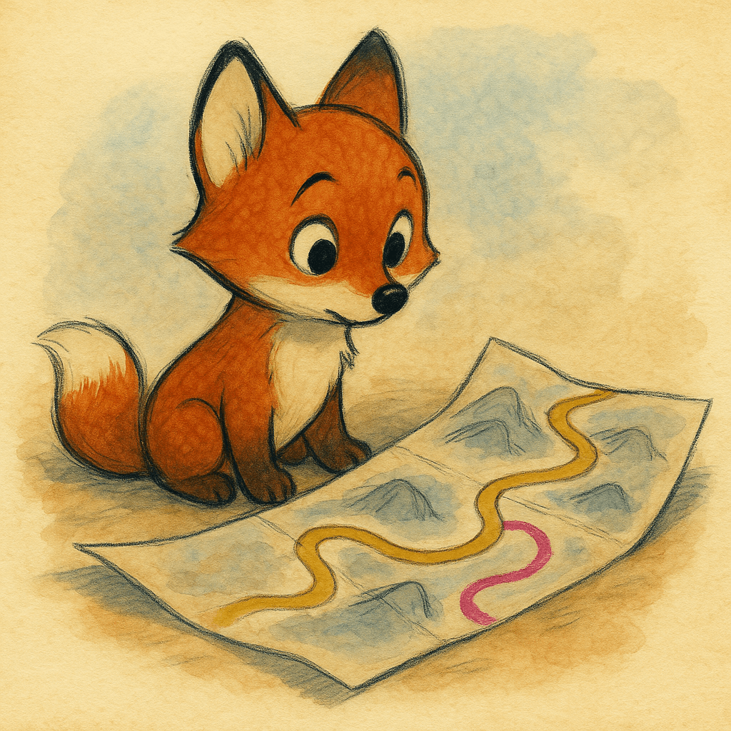 Fox looking at a winding paper map with two divergent paths