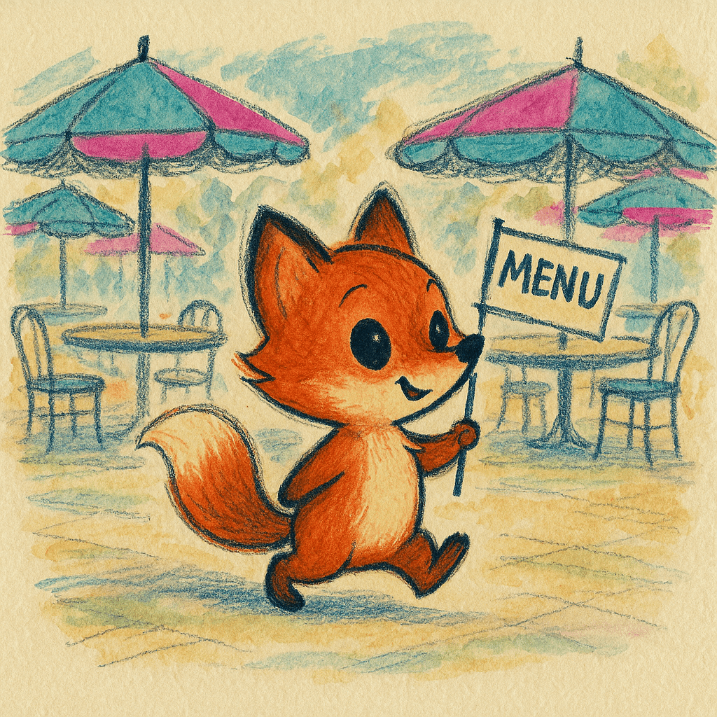 Fox carrying a restaurant menu past colorful umbrella tables