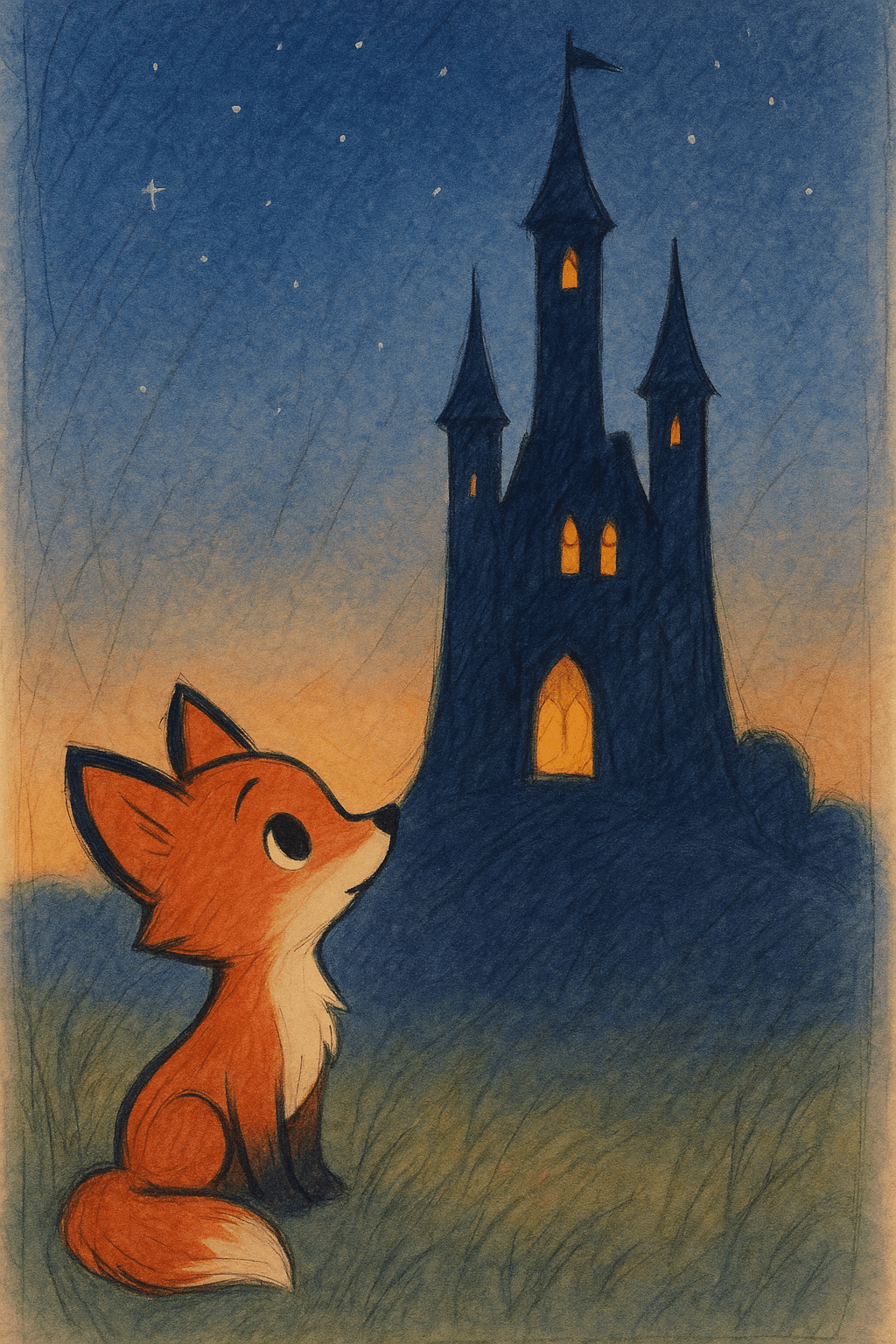 Dart the fox gazing up at a castle at dusk