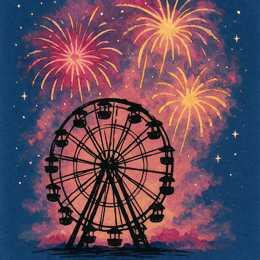 Fireworks over a ferris wheel