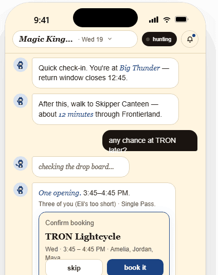 Dart mobile chat — Big Thunder return window, TRON booking confirmation
