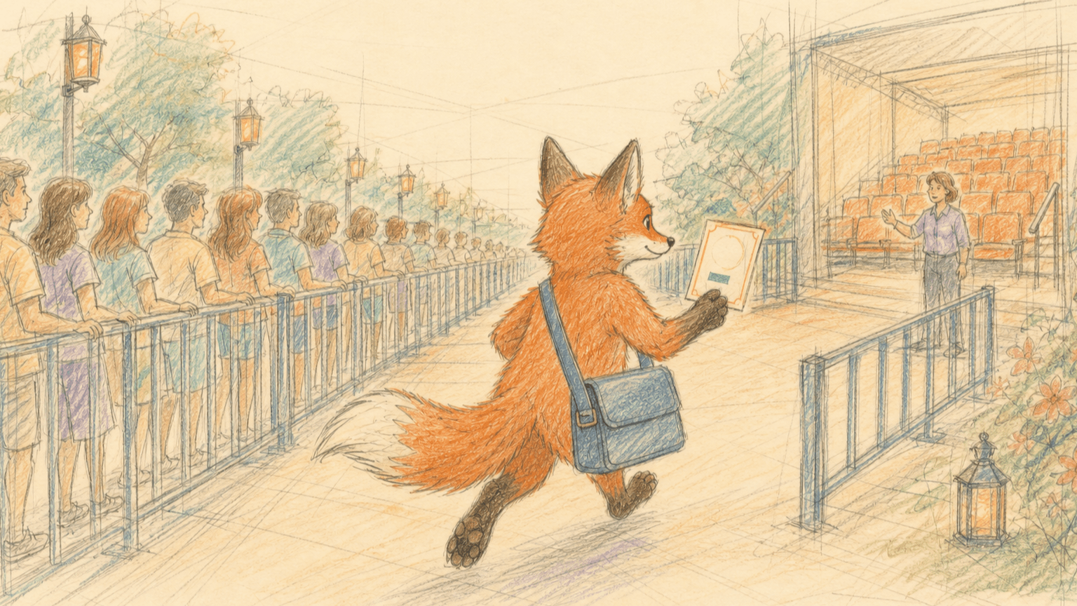 Dart carries a generic admission ticket toward reserved amphitheater seating beside the general line in a warm colored-pencil sketch.