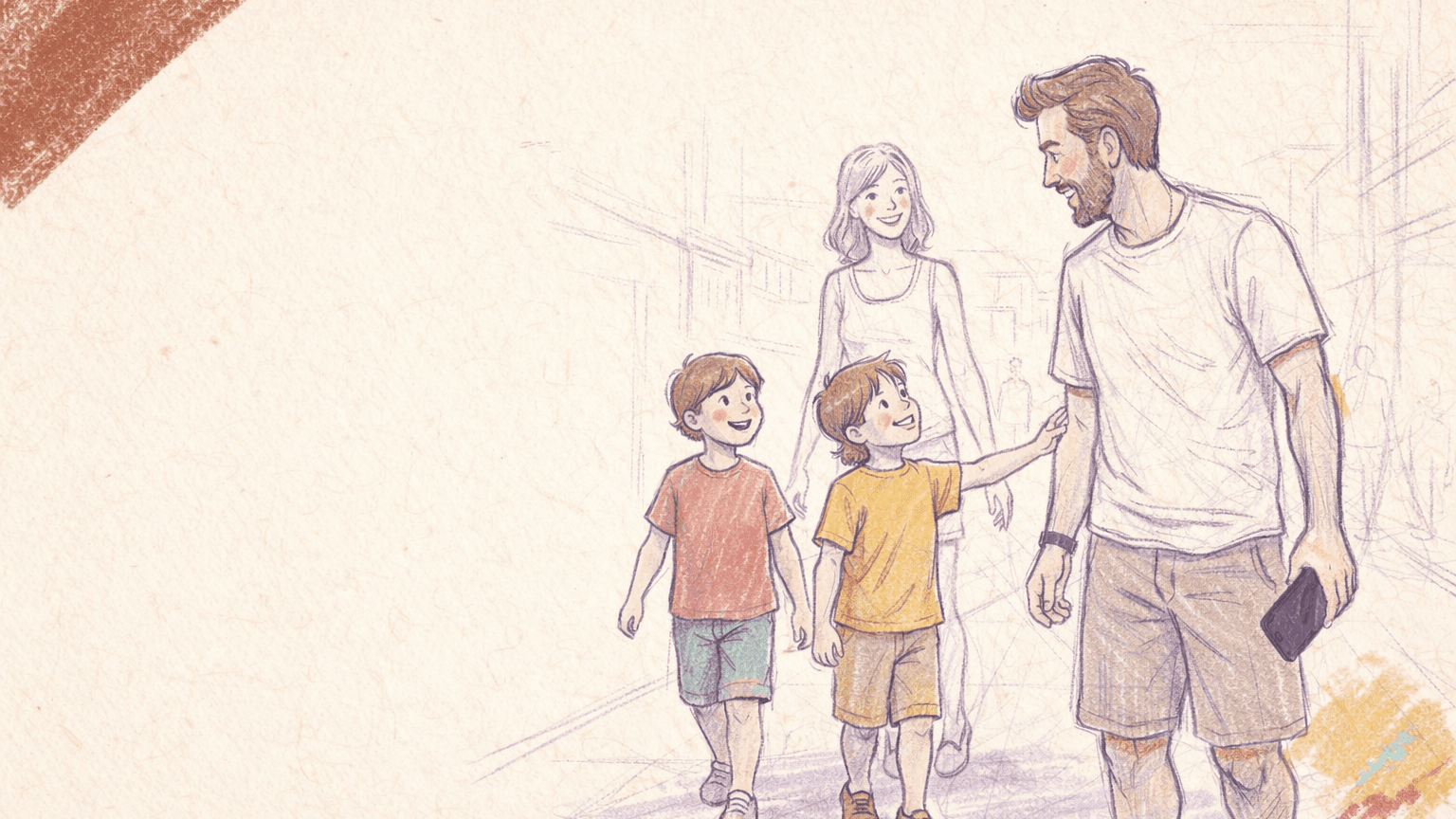 A father lowers his phone and turns toward his partner and two boys during a family park day.