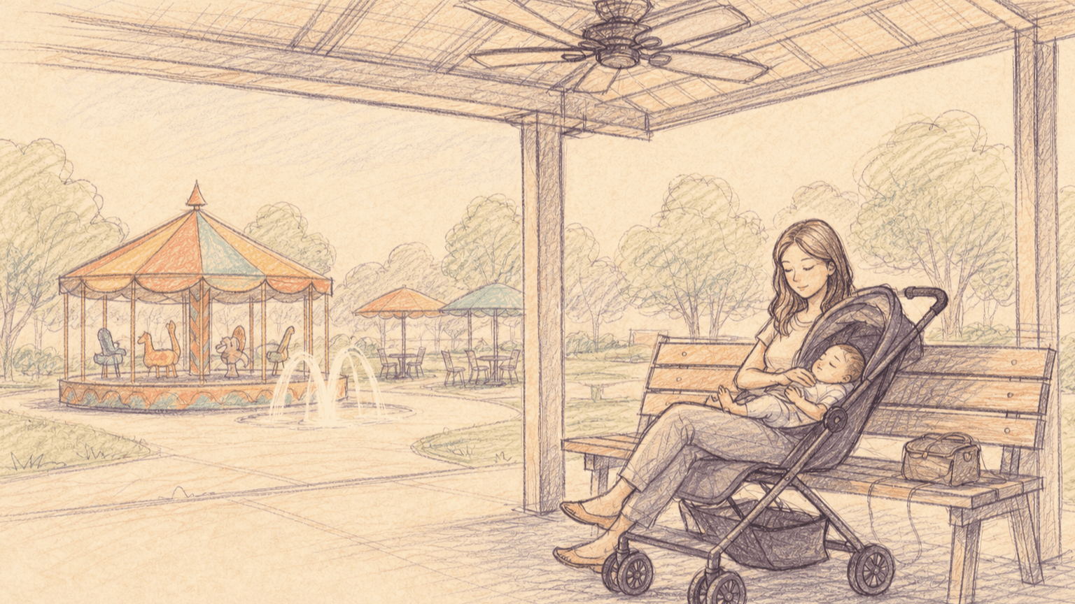 A mother rests beside her sleeping baby in a stroller under a covered pavilion in a warm colored-pencil sketch.