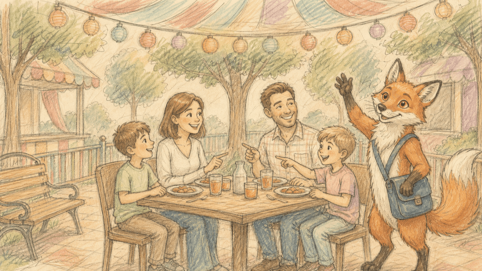 A family of four smiles toward Dart around an outdoor dining table in a warm colored-pencil sketch.