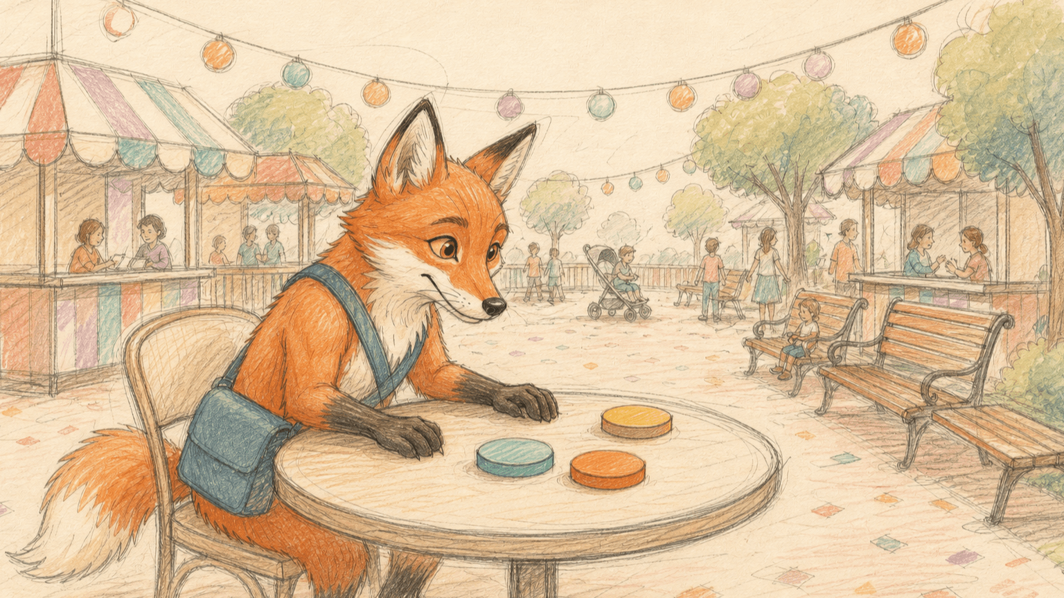 Dart studies three colored reservation-opening tokens at a table in a warm colored-pencil sketch.
