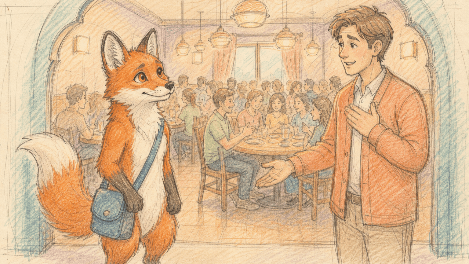 Dart speaks with a restaurant host beside a full dining room in a warm colored-pencil sketch.