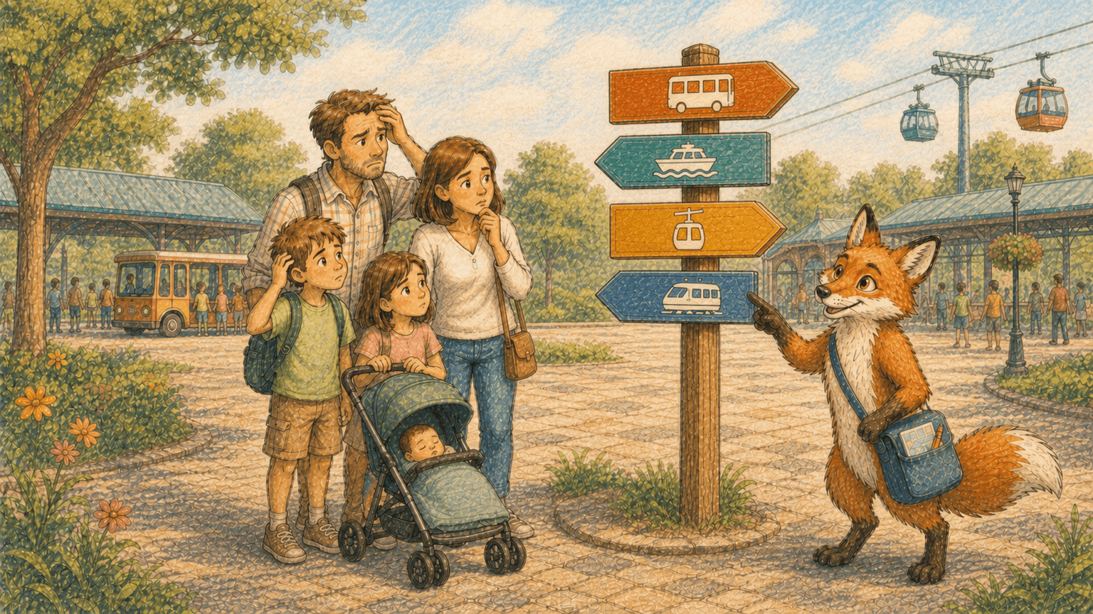 A tired family with a sleeping baby in a stroller studies four transportation direction arrows while Dart helps them choose a route.