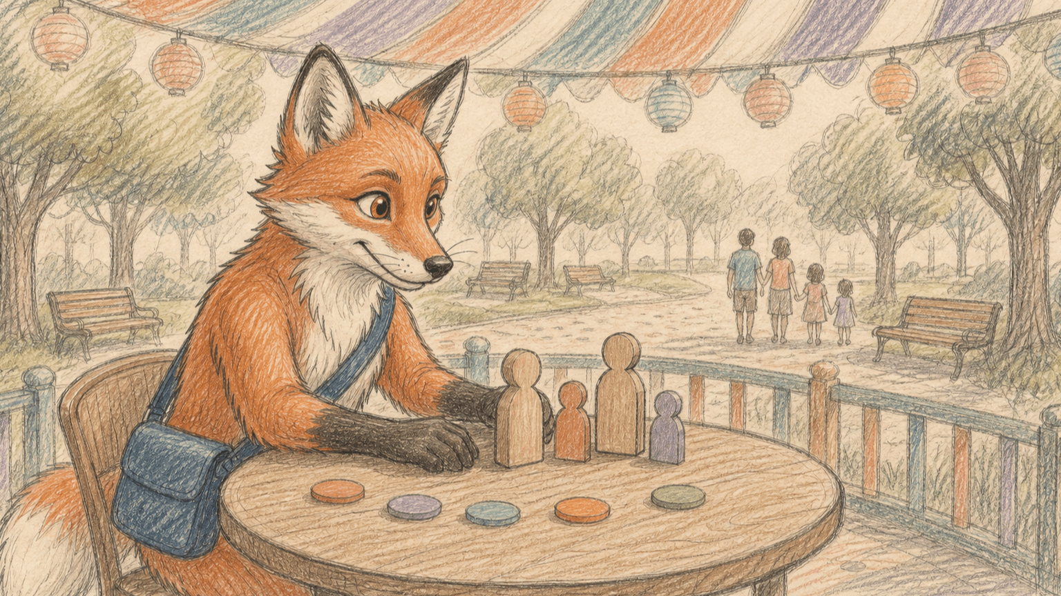 Dart arranges four family figures and colored day markers beneath a striped canopy in a warm colored-pencil sketch.